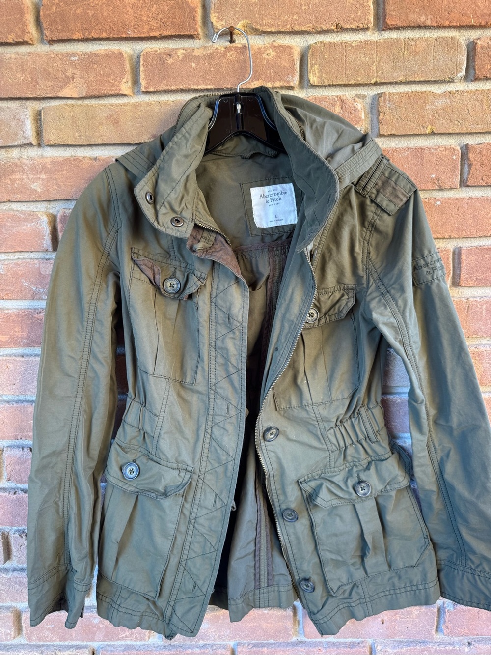 Abercrombie & Fitch Khaki Green Cargo Utility Womens Jacket Size Small With Hood